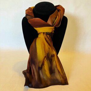 Hand Painted Silk Scarf Chocolate Chestnut Brown Gold Ladies Head Neck New Gift